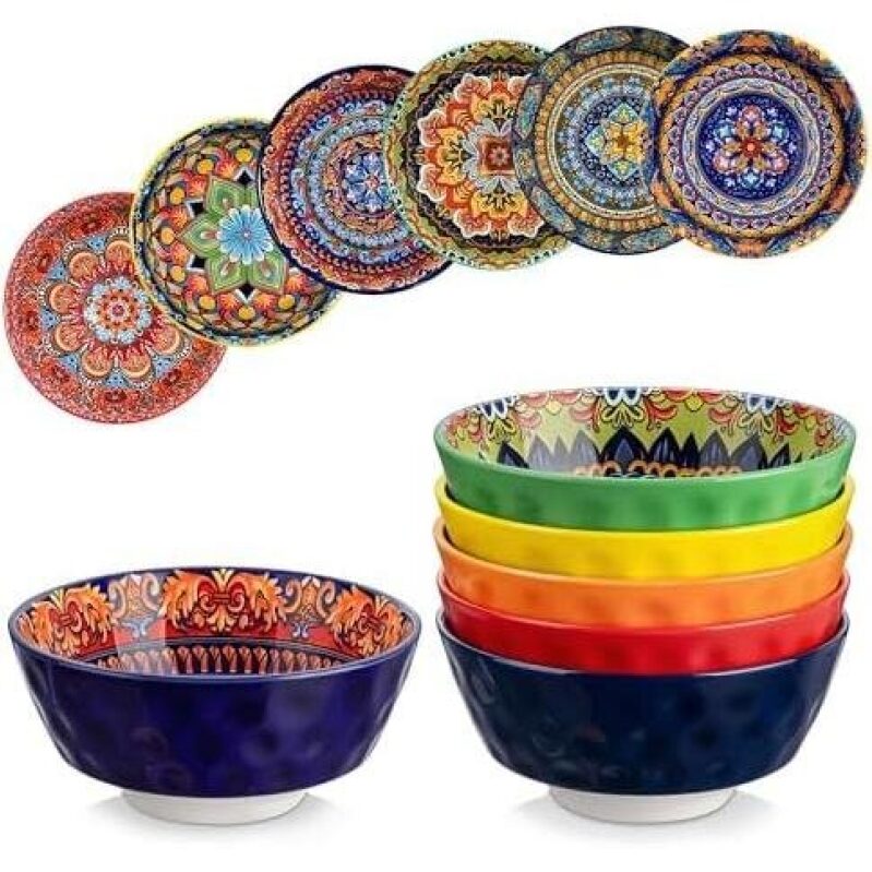 Bohemian Ceramic Bowls Set - 6 Pieces, 26 oz, Multicolor