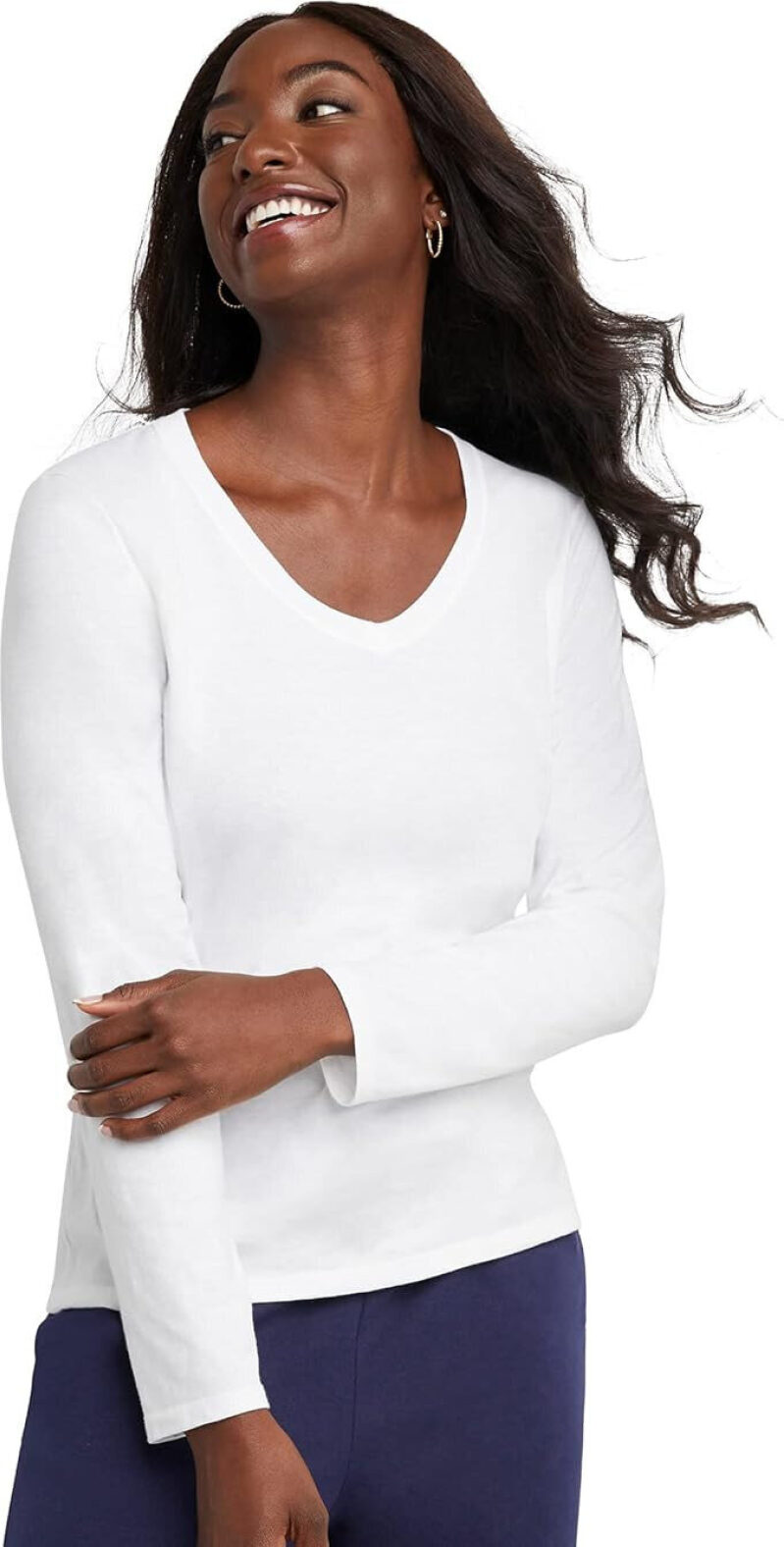 Hanes Women's White Long Sleeve Cotton V-Neck T-Shirt - Prime Exclusive
