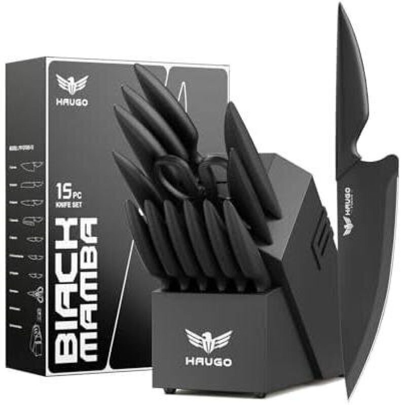 HAUGO 15-Piece High Carbon Steel Knife Set - 50% Discount