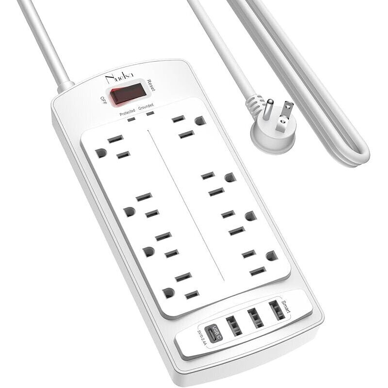 Nueksr Flat Plug Extension Cord with 8 Outlets and 4 USB Ports, 10ft Power Cord, Surge Protector