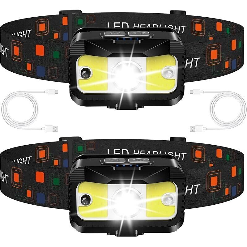 2-Pk Ultra Bright LED Headlamp Rechargeable - Long Press & Motion Sensor
