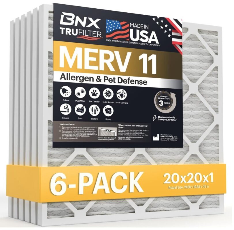 BNX TruFilter 20x20x1 Air Filters, 6-Pack (MERV 11) - High-Efficiency Allergen & Pet Defense
