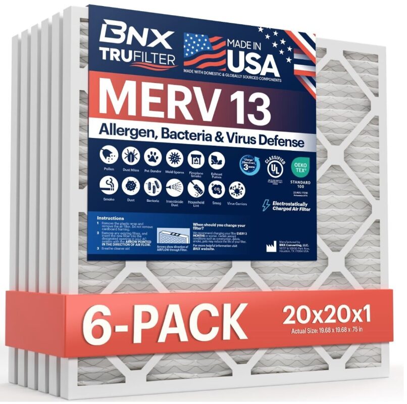 BNX TruFilter 20x20x1 Air Filters MERV 13 (6-Pack) - American Made - Electrostatic HVAC Filters