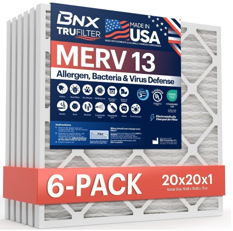 BNX TruFilter 20x20x1 Air Filters MERV 13 (6-Pack) - American Made - Electrostatic HVAC Filters