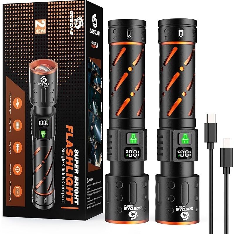 2-Pack Gosdas 30W 10000lm 3-Mode USB-Rechargeable Flashlight