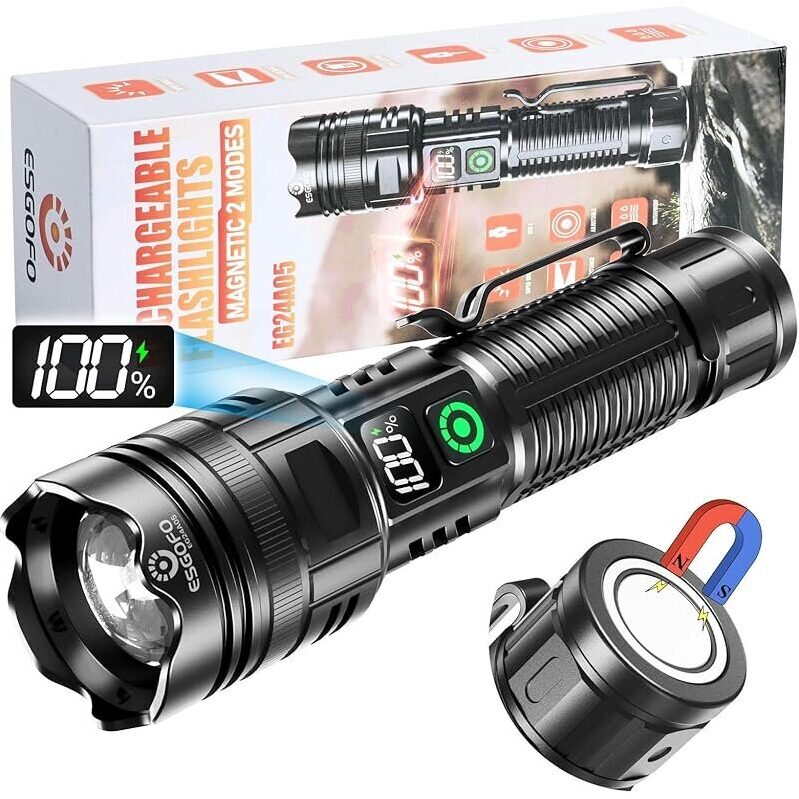 ESGOFO 30W 10000lm USB Rechargeable Flashlight - High Lumens, 2-Mode, Magnetic