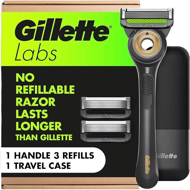 GilletteLabs Shaving Razor with Exfoliating Bar - 1 Handle, 3 Refills, and Travel Case