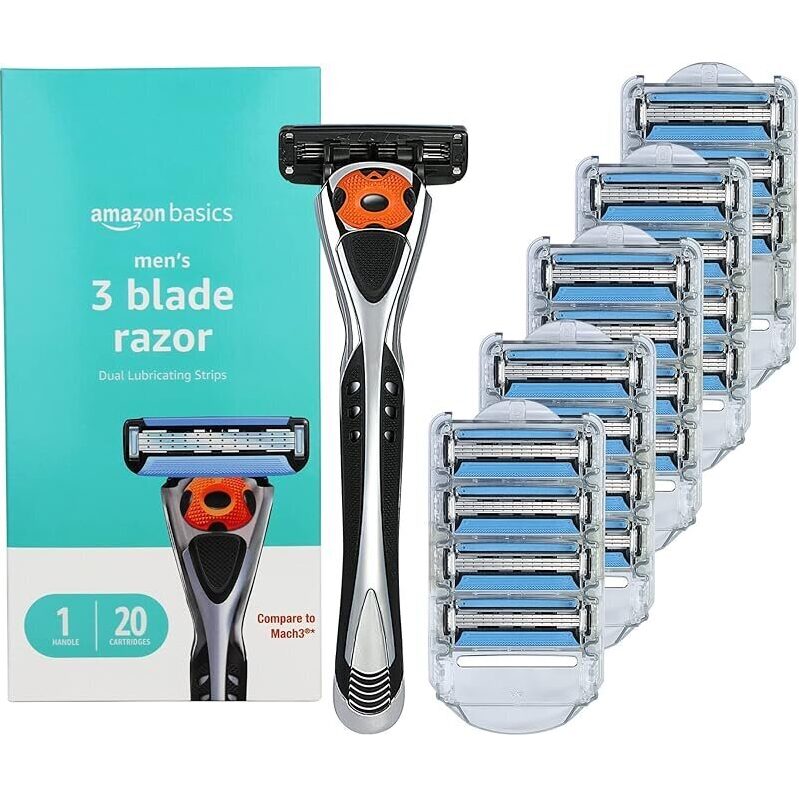 Amazon Basics Men's 3-Blade Motion Sphere Razor with Handle and 20 Cartridges