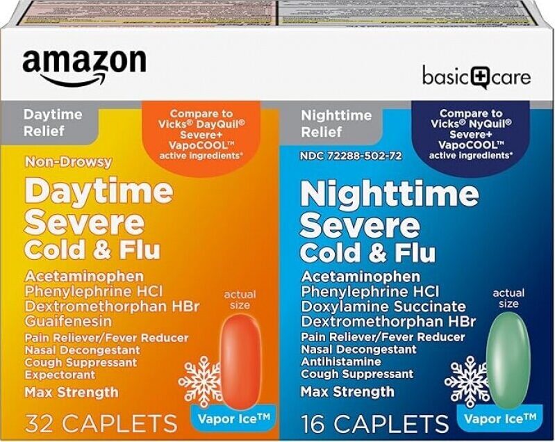 Amazon Basic Care Vapor Ice Day and Night Cold and Flu Relief Caplets - Maximum Strength