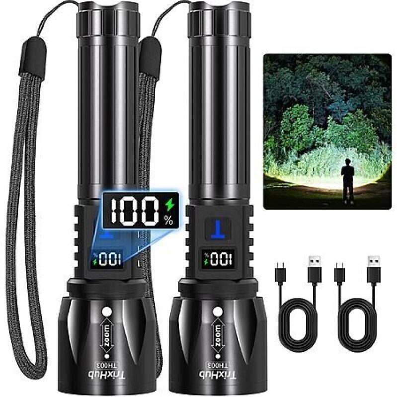 2-Pack TrixHub Rechargeable High Lumens 5Mode Flashlights w/ LCD Display