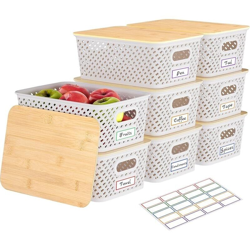 8-Pack Plastic Storage Bins with Bamboo Lids - Ideal for Home Organization