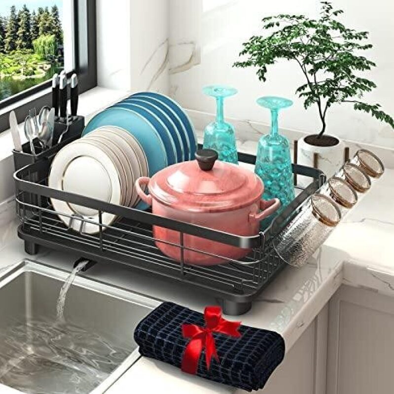 Automatic Drainage Dish Rack - 4 Cup Holder & 3 Utensil Drainer