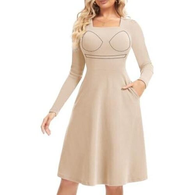 Elegant Long-Sleeve A-Line Dress with Built-In Bra and Pockets - 50% Discount