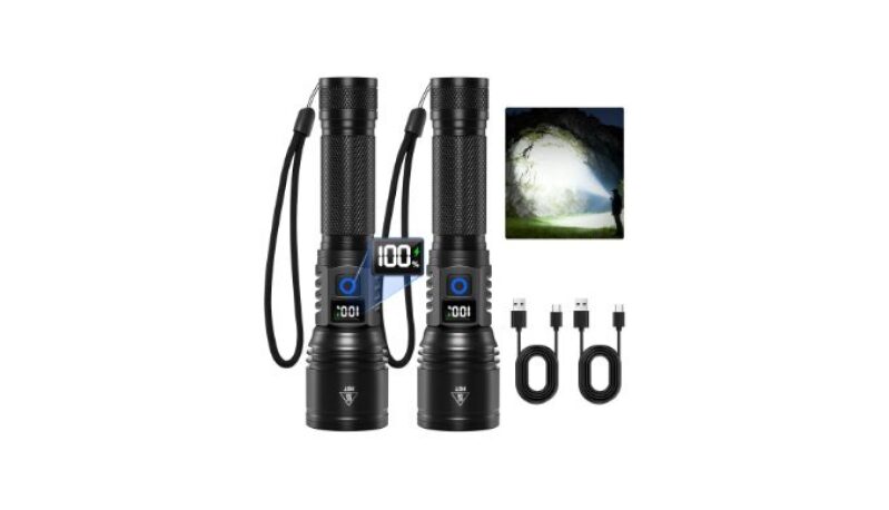 Super Bright Rechargeable Flashlights 2-Pack with 5 Modes and Power Display