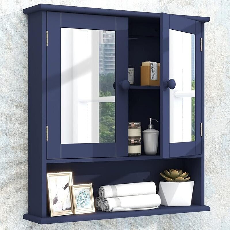 TaoHFE Blue Medicine Cabinet with Mirror - 2 Doors & 3 Open Shelves