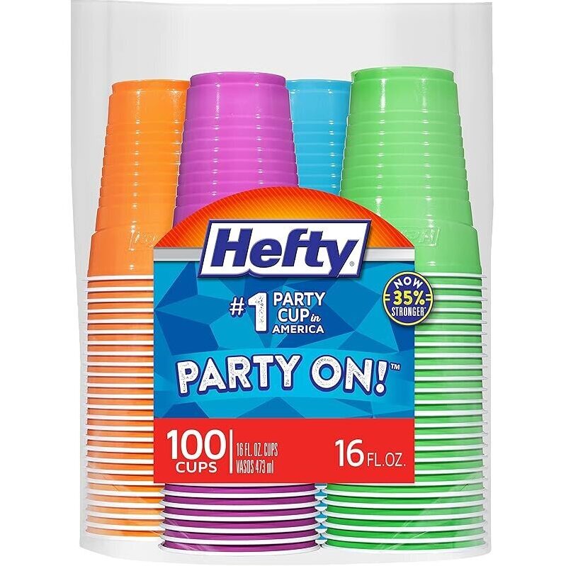 100ct Hefty Party On Disposable Plastic Cups, Assorted 16oz - Hefty #1 Party Cups