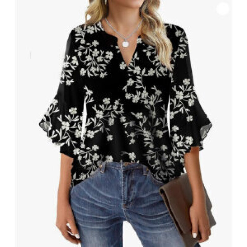 Elegant Floral Print Top with 3/4 Sleeves