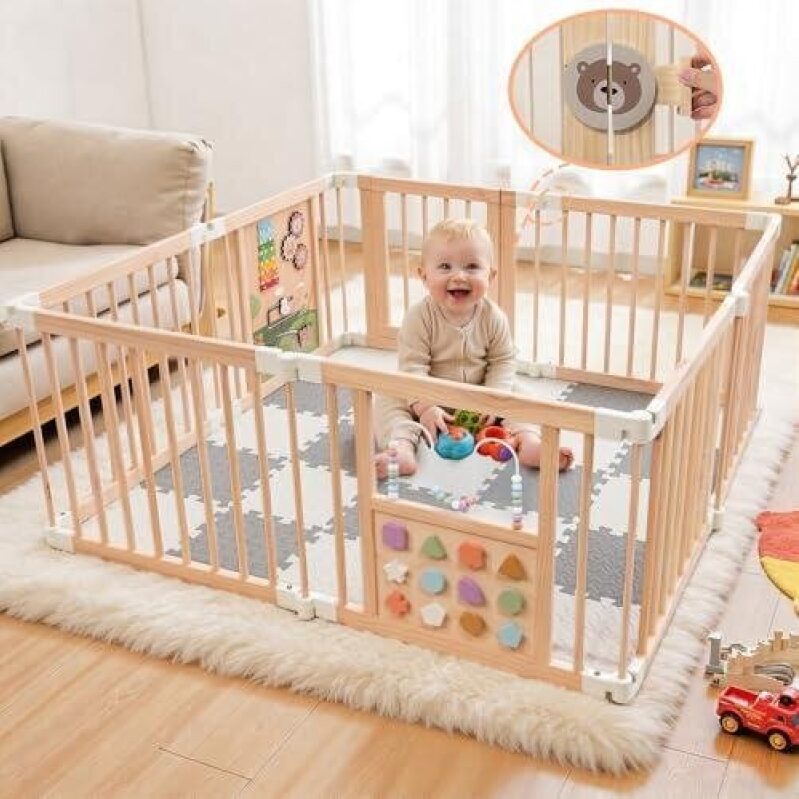 Wooden Foldable Baby Playpen with Cushion - Safe and Spacious