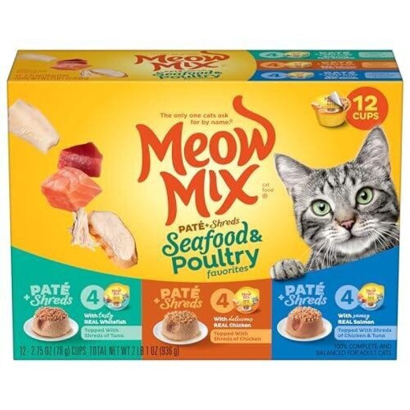 Meow Mix Pate Shreds Seafood & Poultry Favorites Wet Cat Food, 12 Cups