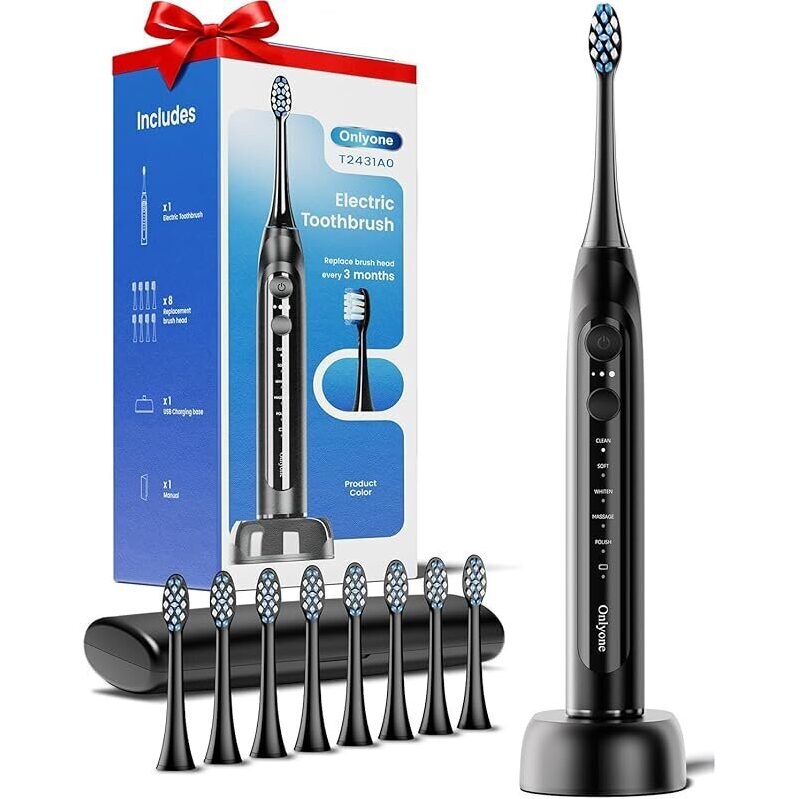 Onlyone Rechargeable Ultrasonic Electric Toothbrush with 8 Brush Heads