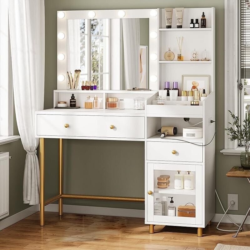 AOGLLATI Makeup Vanity Table with Mirror, Lights, and Charging Station
