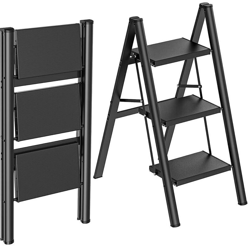 HBTower 3 Step Ladder - Premium Aluminum Folding Step Stool for Home and Office