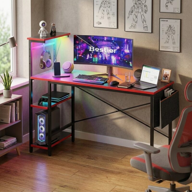 Bestier 52 inch Gaming Desk with LED Lights & Storage Shelves