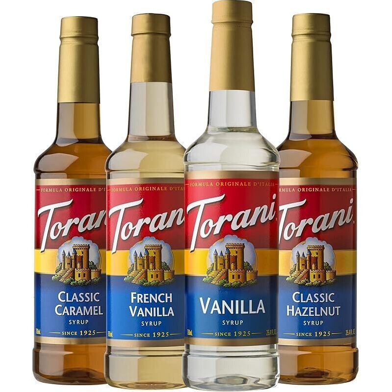 Torani Variety Pack: Caramel, French Vanilla, Vanilla & Hazelnut Syrups