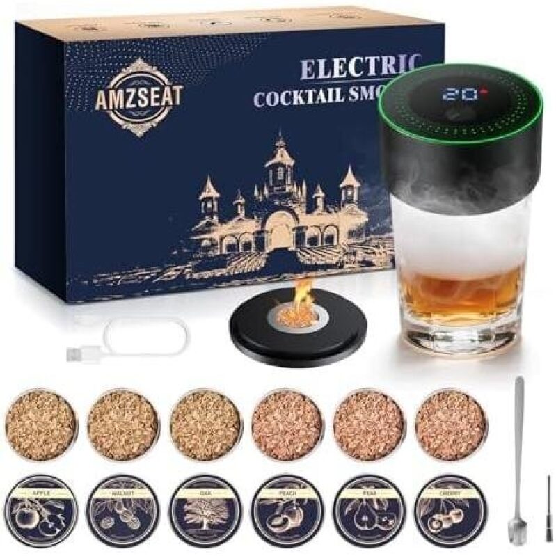 Electric Whiskey Smoker Kit - Rechargeable Cocktail Smoker Set with 6 Wood Chips, Perfect for Unique Bourbon Flavors