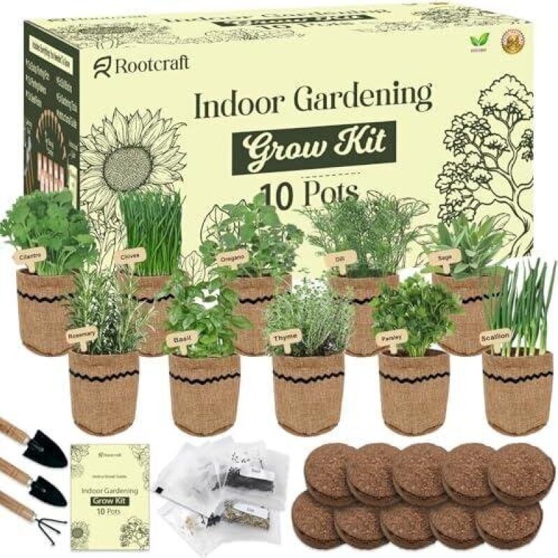 Indoor Gardening Grow Kit - 10 Pots, 44 Seeds, Gardening Tools