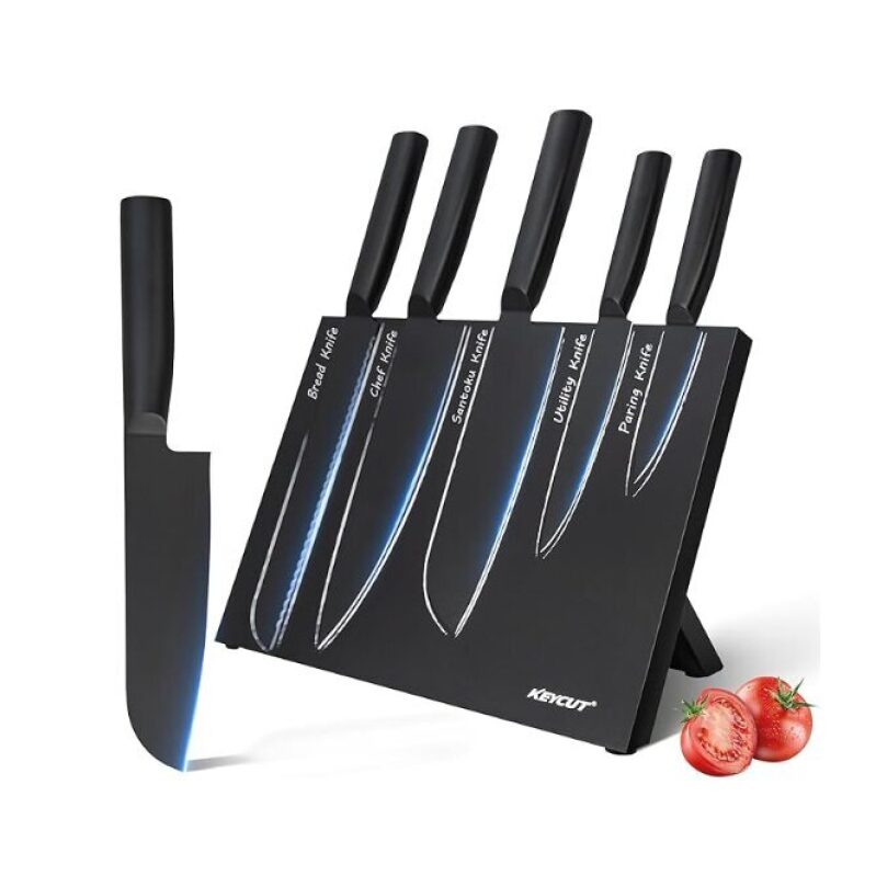 KEYCUT 6 Piece Knife Set with Foldable Magnetic Knife Block - Premium Steel Knives