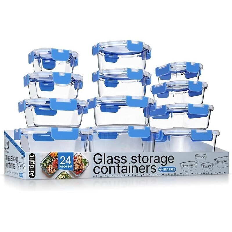 Premium Borosilicate Glass Food Storage Containers - 24pc Set