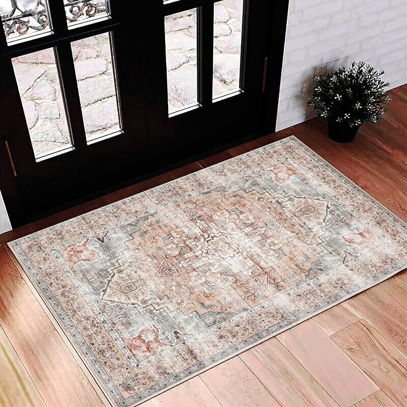 CHAMPLANT 2-inx3-in Light Cyan and Light Red Area Rug - Vintage Floral Pattern