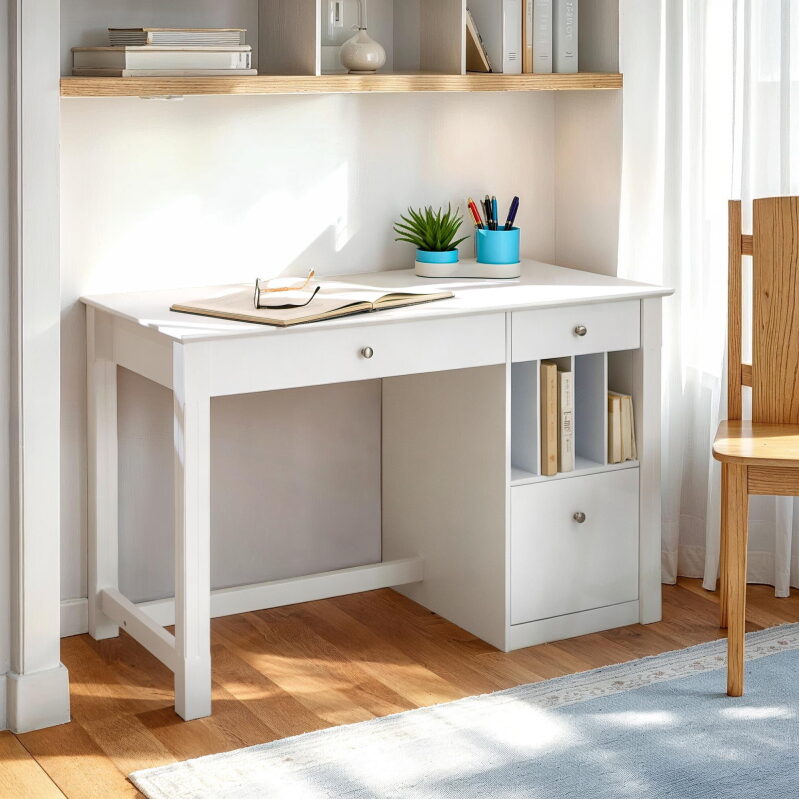 Modern Wood Computer Desk with Keyboard Tray - Sleek Design, Durable Build