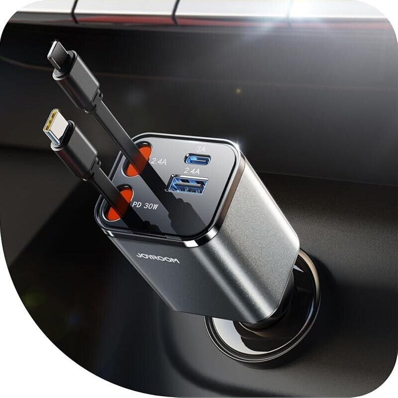 Joyroom 84W Retractable USB-C Cable 2-USB Port Car Charger - Compact and Efficient