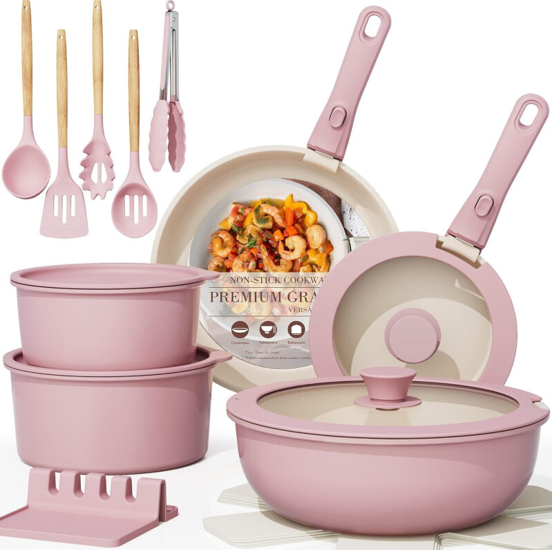 Astercook 21-Piece Non-Stick Ceramic Cookware Set - Pink