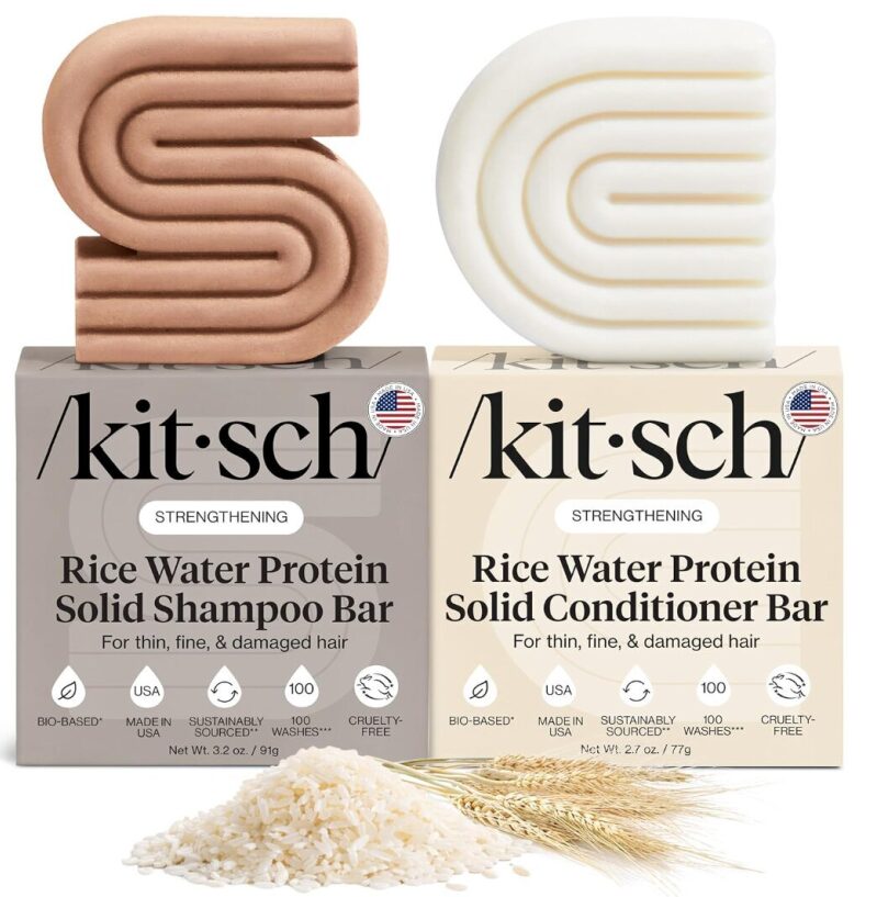 Kitsch Rice Water Protein Solid Shampoo and Conditioner Bar Set - Enhance Hair Growth