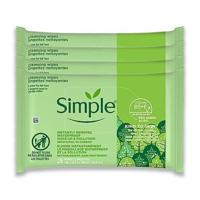 Simple 4-Pack 25-Wipe Cleansing Makeup Remover Wipes - Gentle and Effective