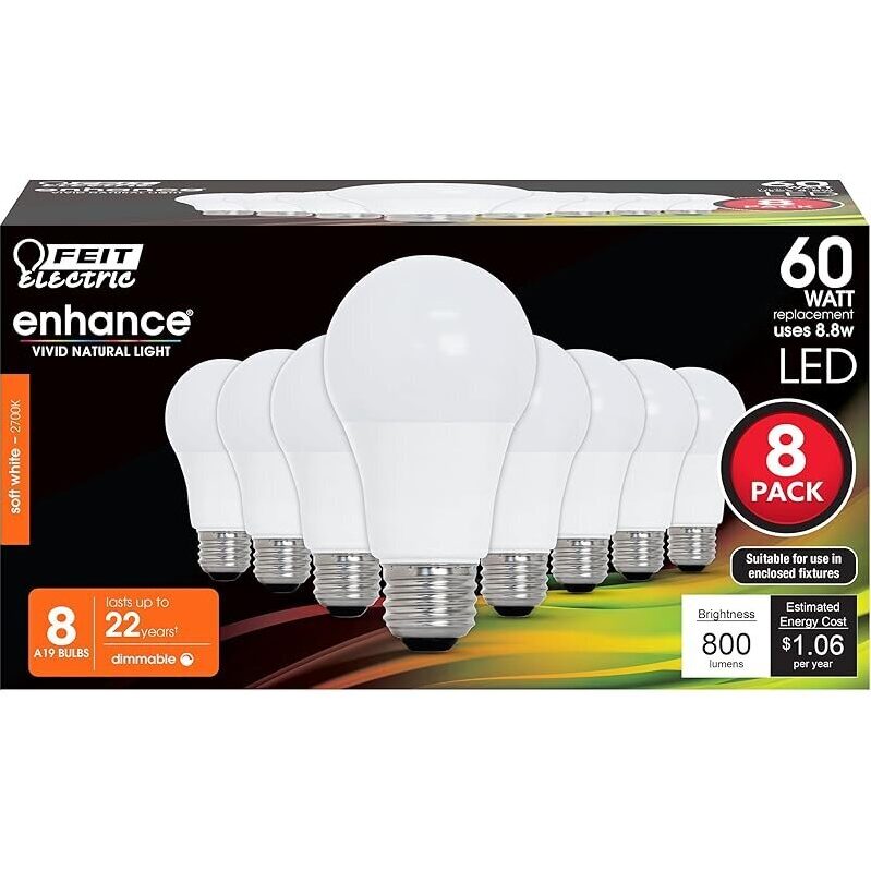 Feit Electric 60W Equivalent A19 LED Light Bulbs - Pack of 8