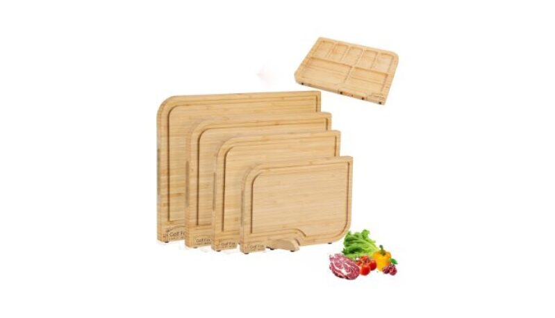 4-PCS Bamboo Cutting Board Set with Innovative Stand – Durable Double Sided Wooden Cutting Board with Juice Groove & Handle for Meal Prep, Meat, Charcuterie Serving, Eco-Friendly Healthy Kitchen Gift
