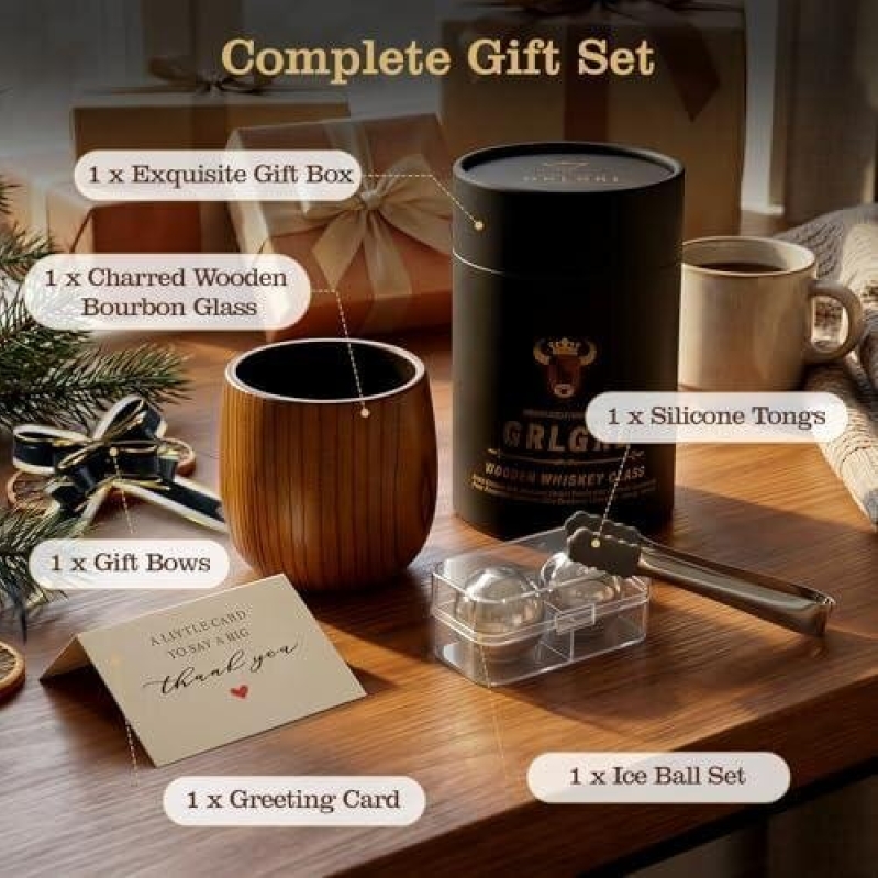 Charred Wooden Bourbon Glass Gift Set - Perfect Gift for Whiskey Lovers