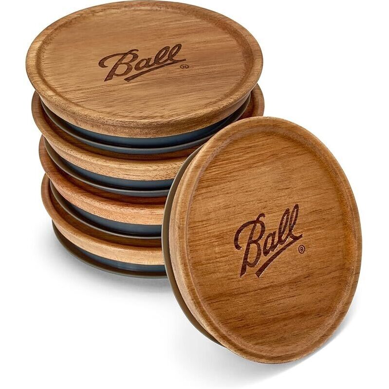 5pk Ball Jar Wooden Storage Lids - Premium Acacia Wood, Airtight Silicone Seal