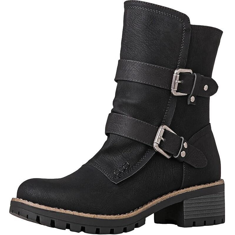 GLOBALWIN Women's Lace-Up Mid Calf Motorcycle Fashion Festival Boots - All-Day Comfort