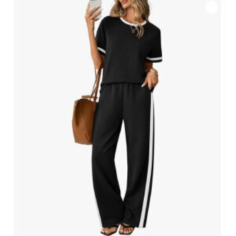 Elegant Black and White Striped Casual Two-Piece Set