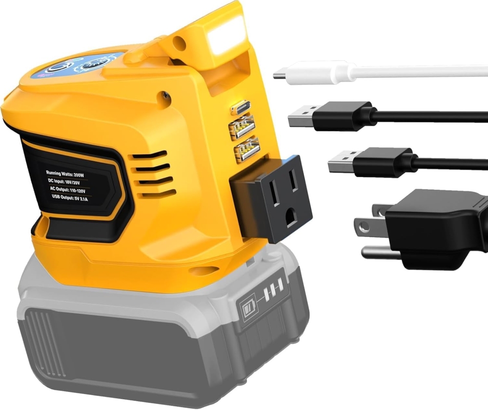 Ecarke 200W Portable Power Inverter for DeWALT 20V Battery - AC 110V Outlet & USB Ports