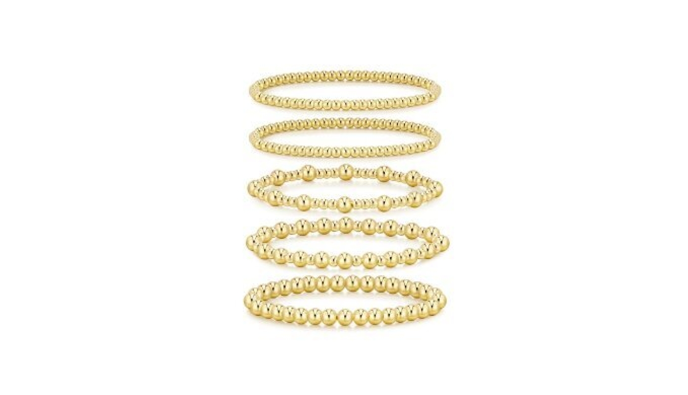 Elegant 14K Gold Plated Beaded Stretch Bracelets Set for Women - Adjustable, Non-Tarnish, Trendy Jewelry
