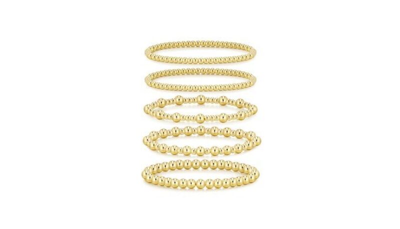 Elegant 14K Gold Plated Beaded Stretch Bracelets Set for Women - Adjustable, Non-Tarnish, Trendy Jewelry