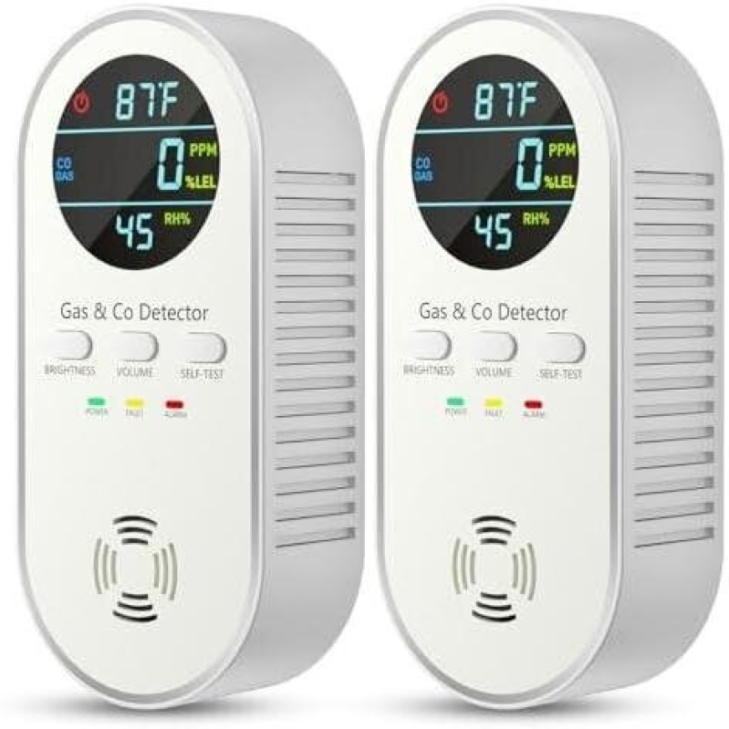 5-in-1 Carbon Monoxide and Gas Leak Detectors - 2 Pack with Battery Backup, Brightness & Volume Adjustment