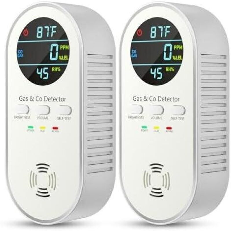 5-in-1 Carbon Monoxide and Gas Leak Detectors - 2 Pack with Battery Backup, Brightness & Volume Adjustment