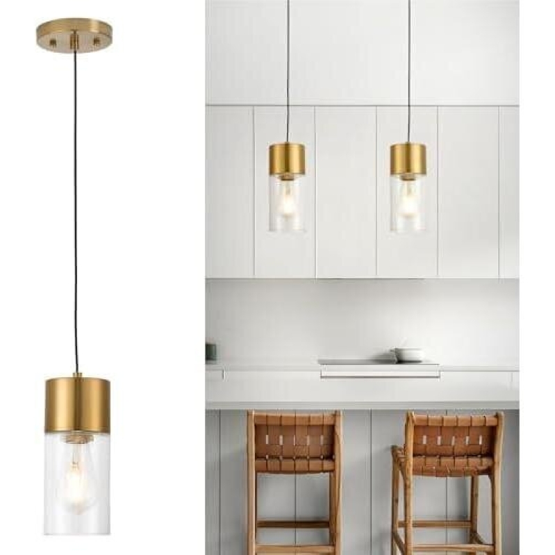 Gold Pendant Lights for Kitchen Island – Cylinder Pendant Lighting Fixture with Glass Shade – Modern Hanging Light Fixture 50%OFF